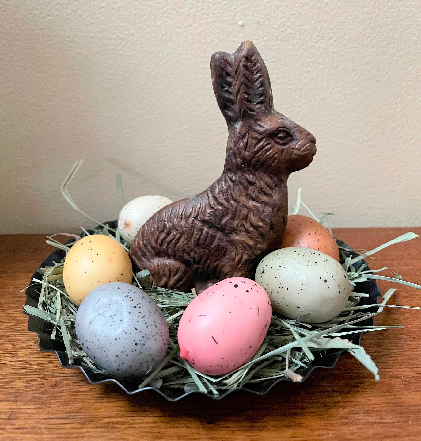 Primitive Spring Faux Chocolate Bunny / Primitive Grass/Easter Egg/Tin Pan Set