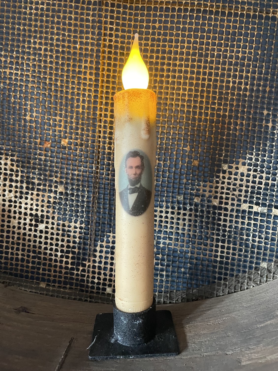 Primitive Handcrafted Colonial President Lincoln 7&quot;H  Led Timer Taper Candle