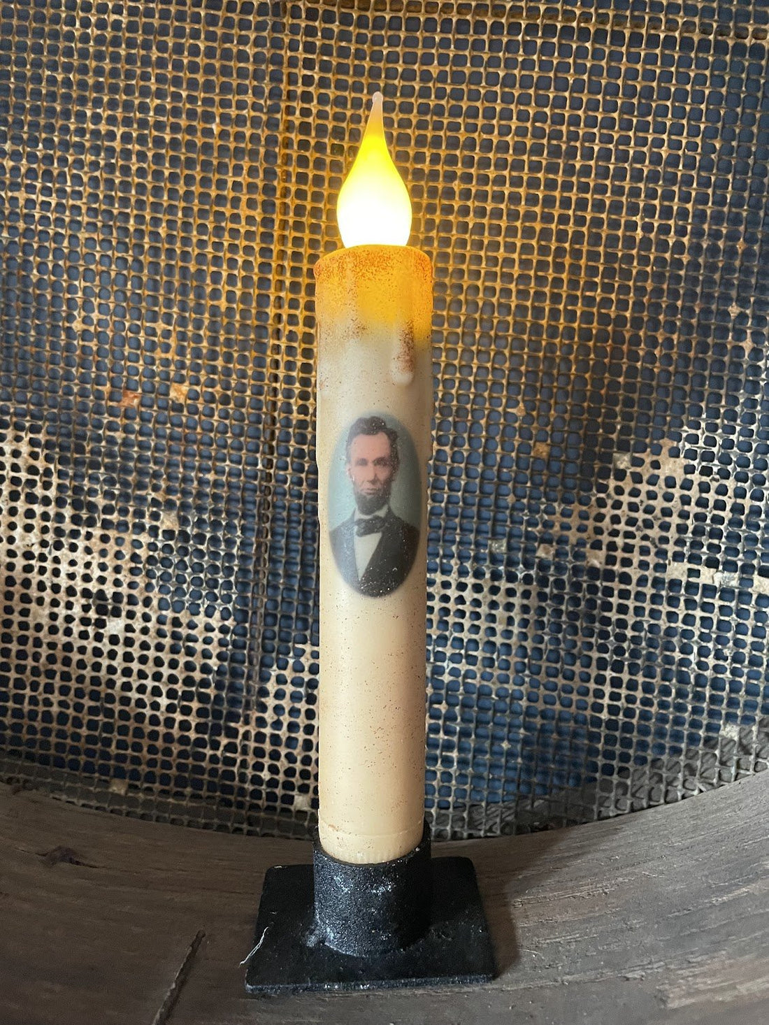 Primitive Handcrafted Colonial President Lincoln 7"H Led Timer Taper Candle - The Primitive Pineapple Collection
