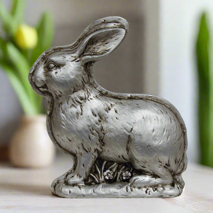 Primitive Farmhouse Spring Silver Bunny Faux Chocolate Mold Sitter 6.5&quot;