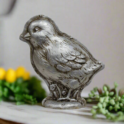 Primitive Farmhouse Faux Silver Chick Chocolate Mold Sitter 5.25&quot;