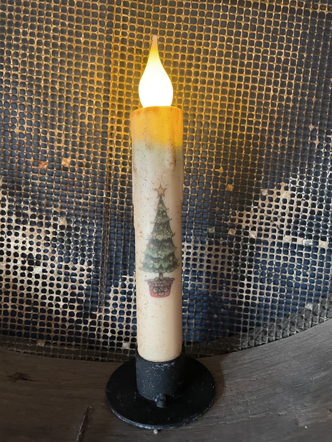 Primitive Handcrafted Christmas 7&quot; Oh Christmas Tree Led Timer Taper Candle