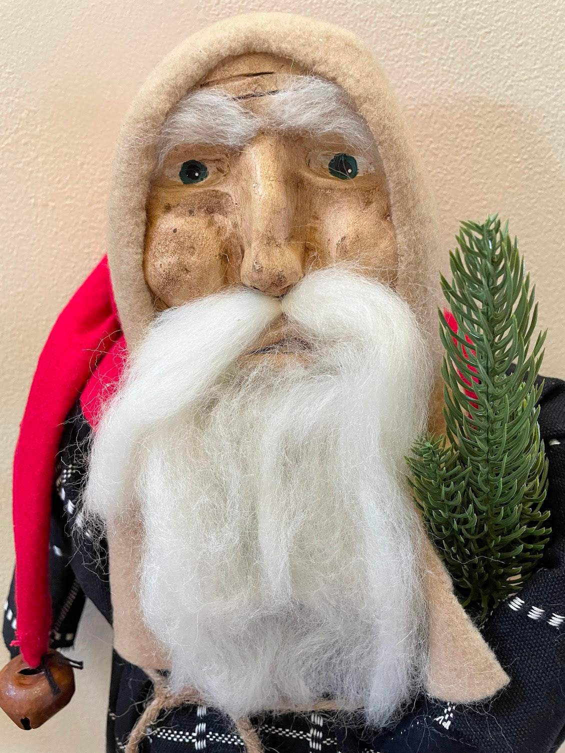 Primitive Christmas Hand Sculpted Clay Face Santa Doll White/Red 19&quot;