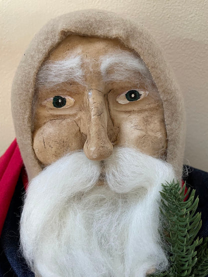 Primitive Hand Sculpted Clay Face Santa Blue/Red Stump Doll