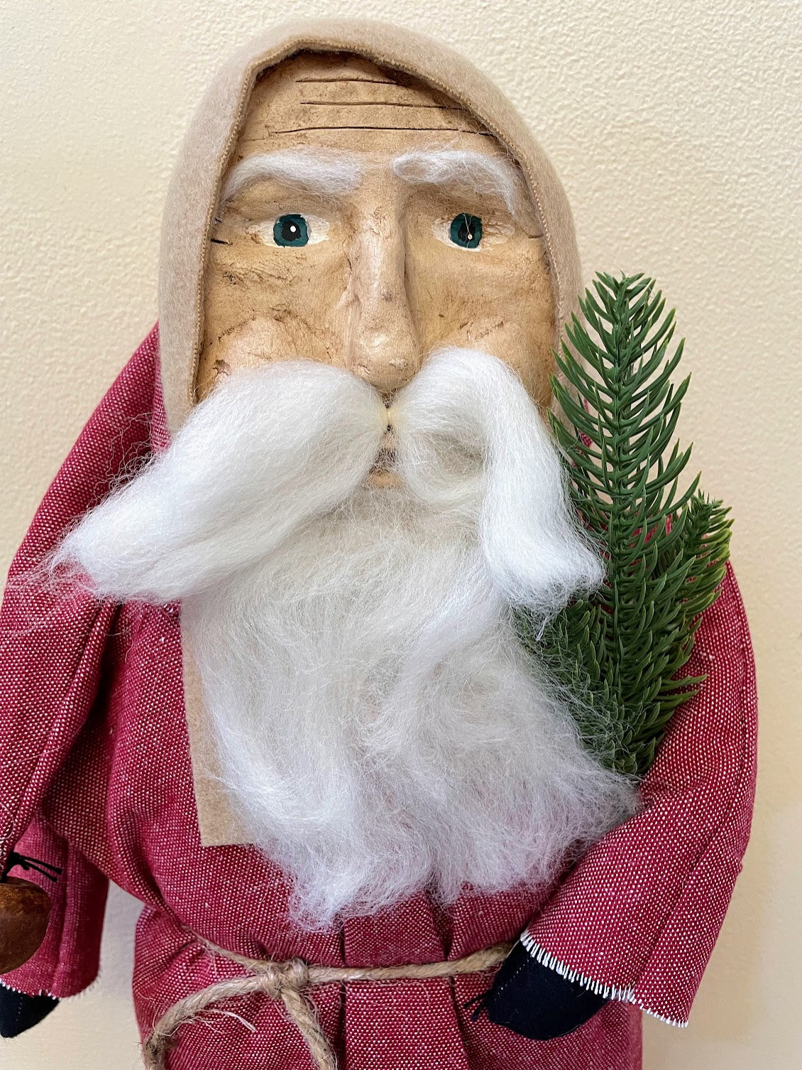 Primitive Christmas Hand Sculpted Clay Face Santa Doll Red 19&quot;