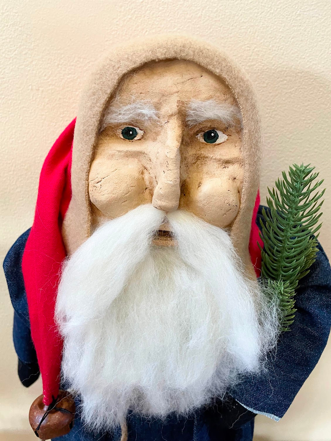 Primitive Christmas Hand Sculpted Clay Face Santa Doll Blue/Red 18&quot;