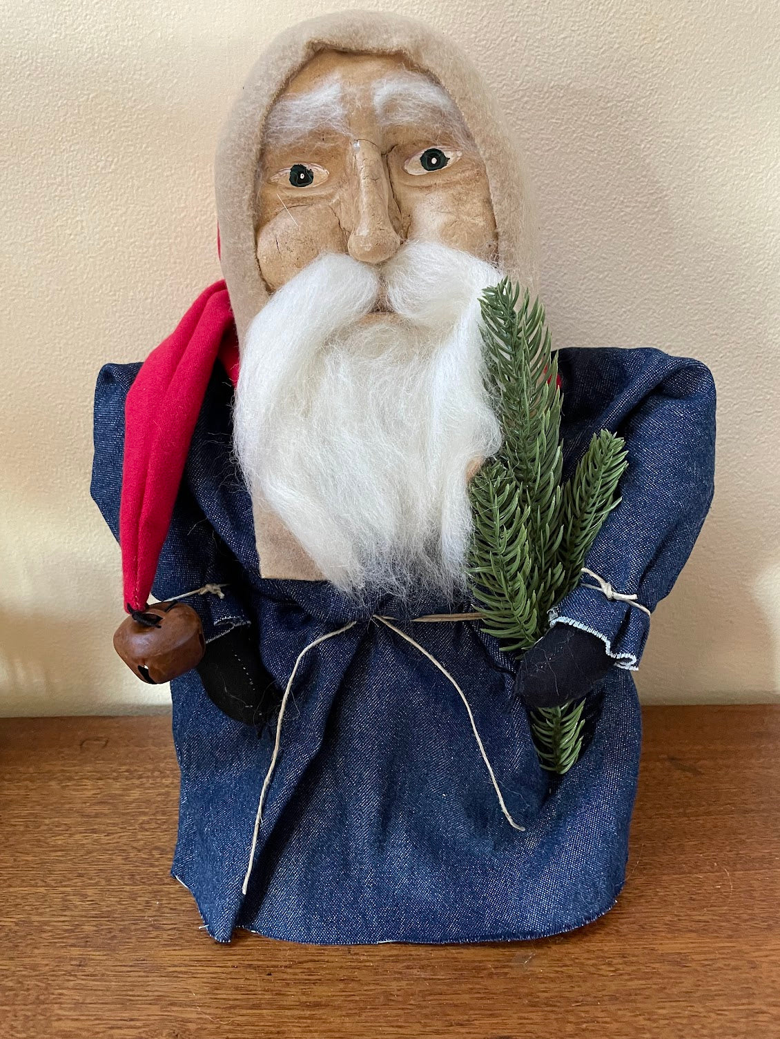 Primitive Hand Sculpted Clay Face Santa Blue/Red Stump Doll