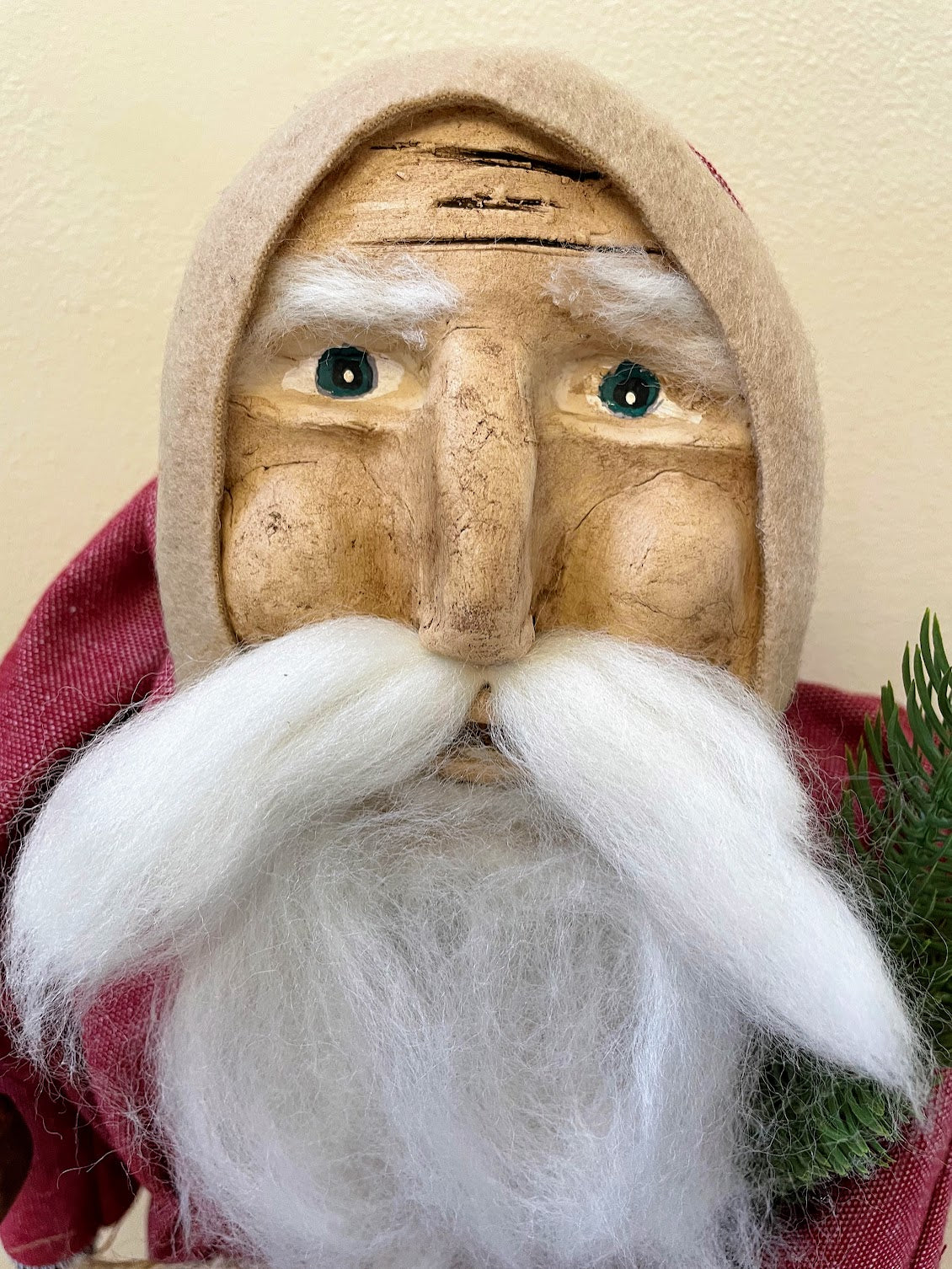Primitive Christmas Hand Sculpted Clay Face Santa Doll Red 19&quot;