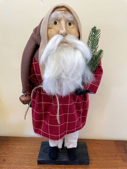 Primitive Christmas Hand Sculpted Clay Face Santa Doll Red Check 19&quot;