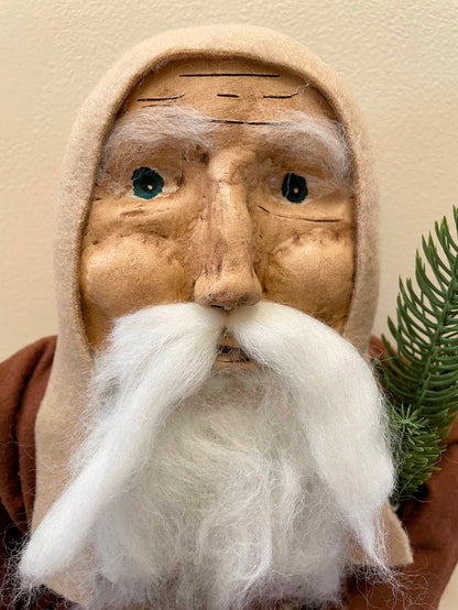 Primitive Christmas Hand Sculpted Clay Face Santa Brown Doll 19 &quot;on Stand