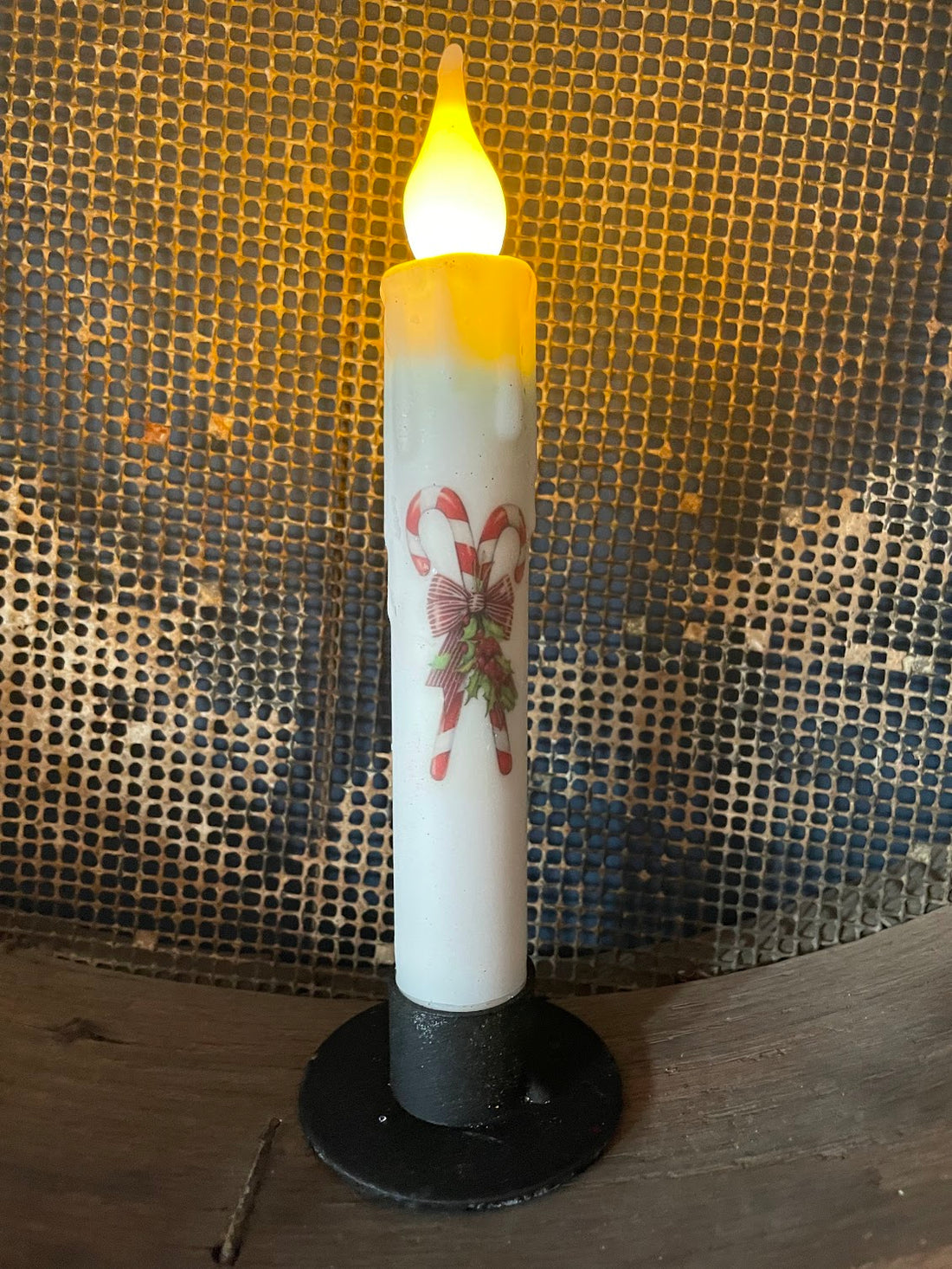 Primitive Handcrafted Christmas 7&quot;Candy Cane and Holly Led Timer Taper Candle