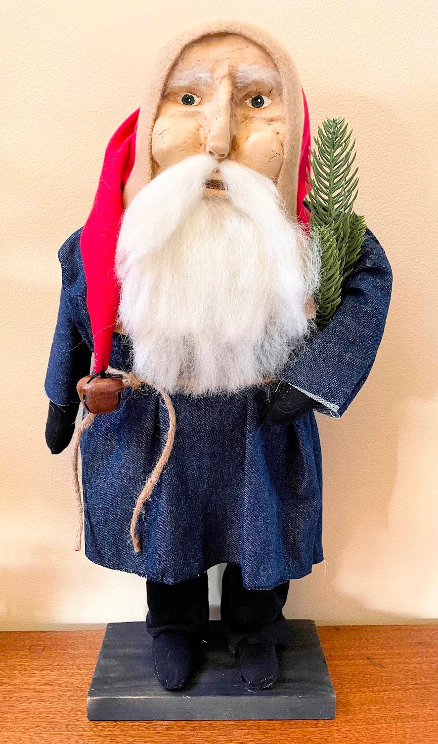 Primitive Christmas Hand Sculpted Clay Face Santa Doll Blue/Red 18&quot;