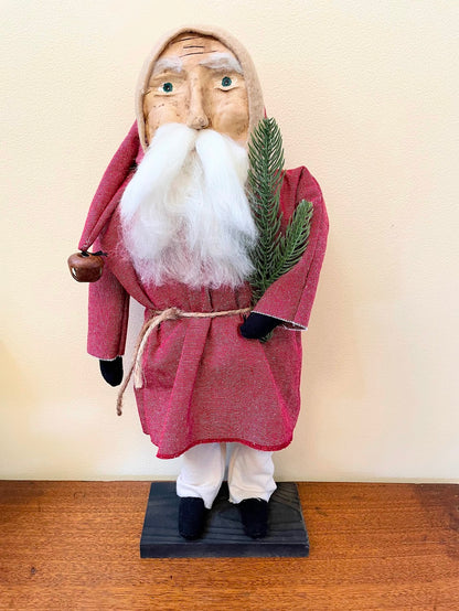 Primitive Christmas Hand Sculpted Clay Face Santa Doll Red 19&quot;