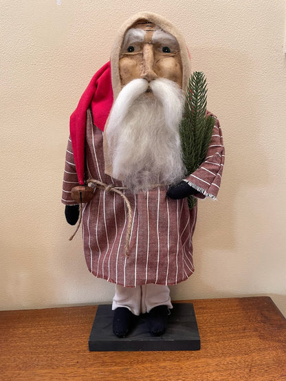 Primitive Christmas Hand Sculpted Clay Face Santa Red Stripe Doll 18 &quot;