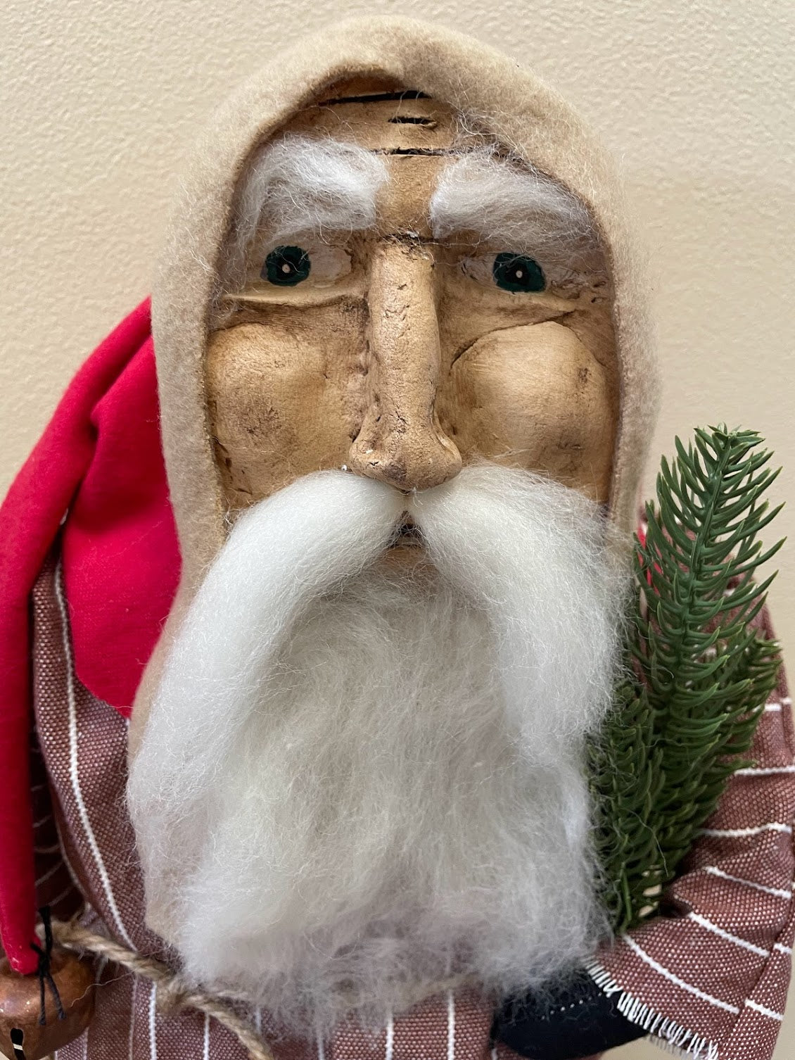 Primitive Christmas Hand Sculpted Clay Face Santa Red Stripe Doll 18 &quot;