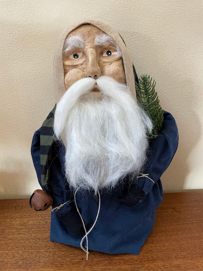 Primitive Christmas Hand Sculpted Clay Face Santa Blue Stump Doll