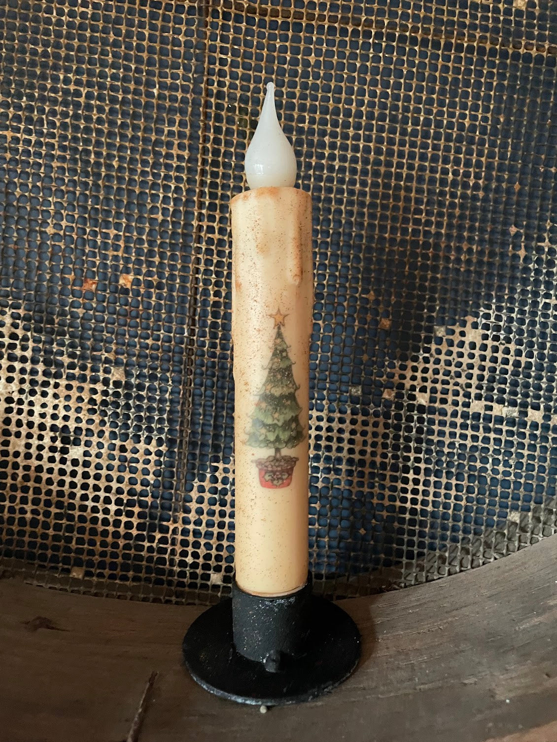 Primitive Handcrafted Christmas 7&quot; Oh Christmas Tree Led Timer Taper Candle