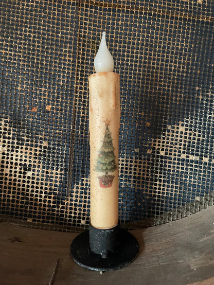 Primitive Handcrafted Christmas 7&quot;Candy Cane and Holly Led Timer Taper Candle