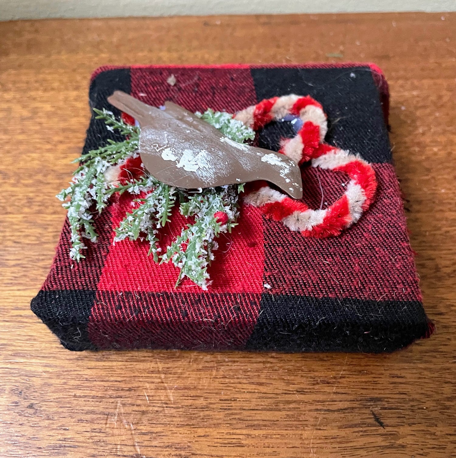 Primitive Colonial Handcrafted Christmas Plaid Present w/ Candy Canes