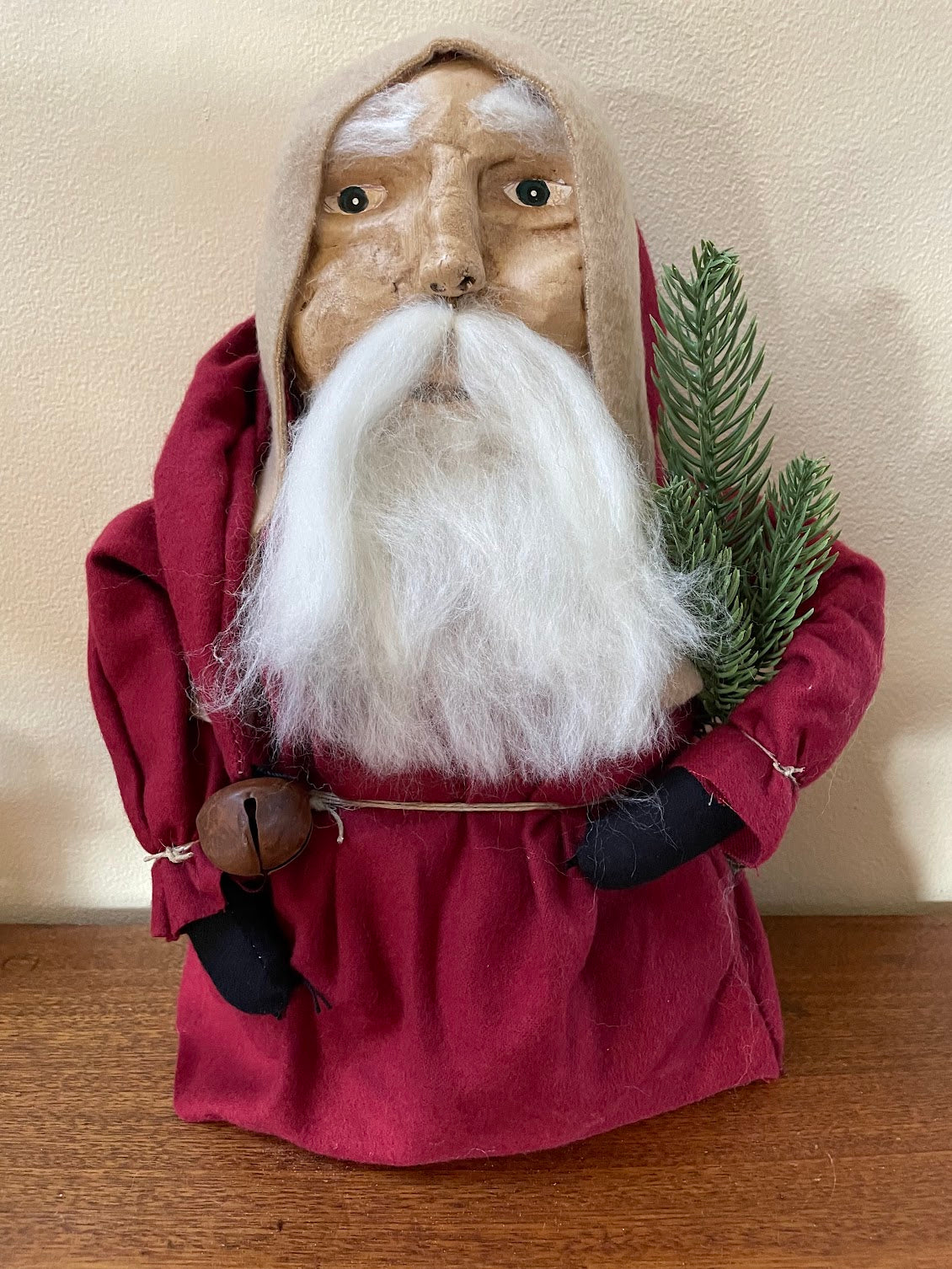 Primitive Hand Sculpted Clay Face Santa Red Stump Doll