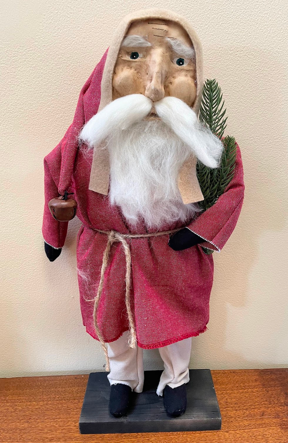 Primitive Christmas Hand Sculpted Clay Face Santa Red Doll 18 &quot;