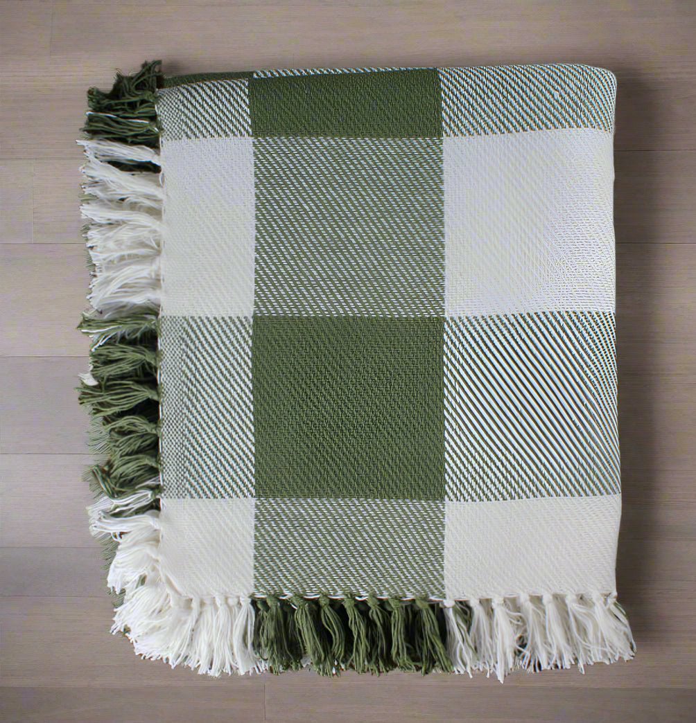 Primitive Farmhouse Buffalo Check Sage Green Afghan Throw 50" x 60" - The Primitive Pineapple Collection