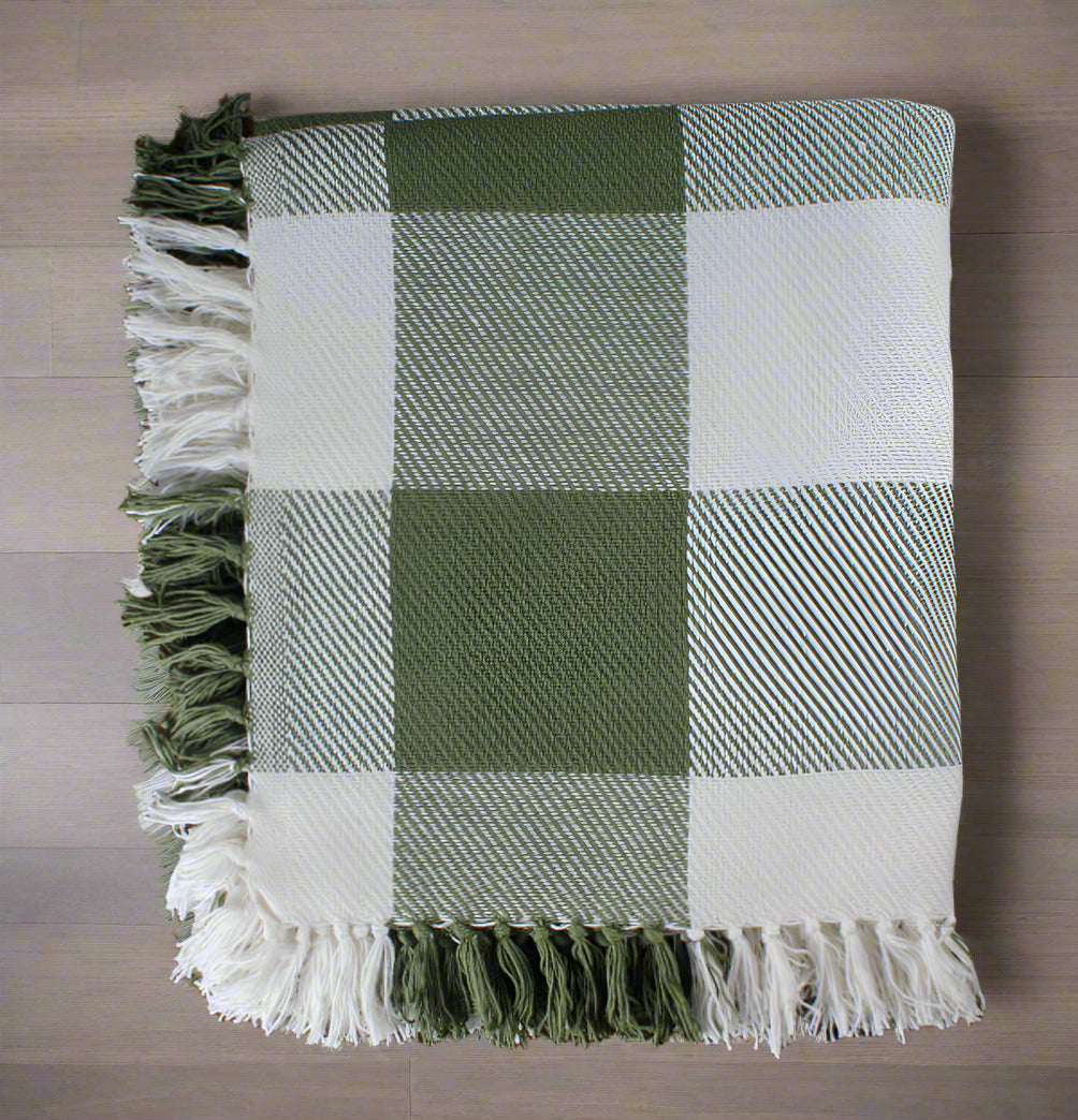 Primitive Farmhouse Buffalo Check Sage Green Afghan Throw 50&quot; x 60&quot;