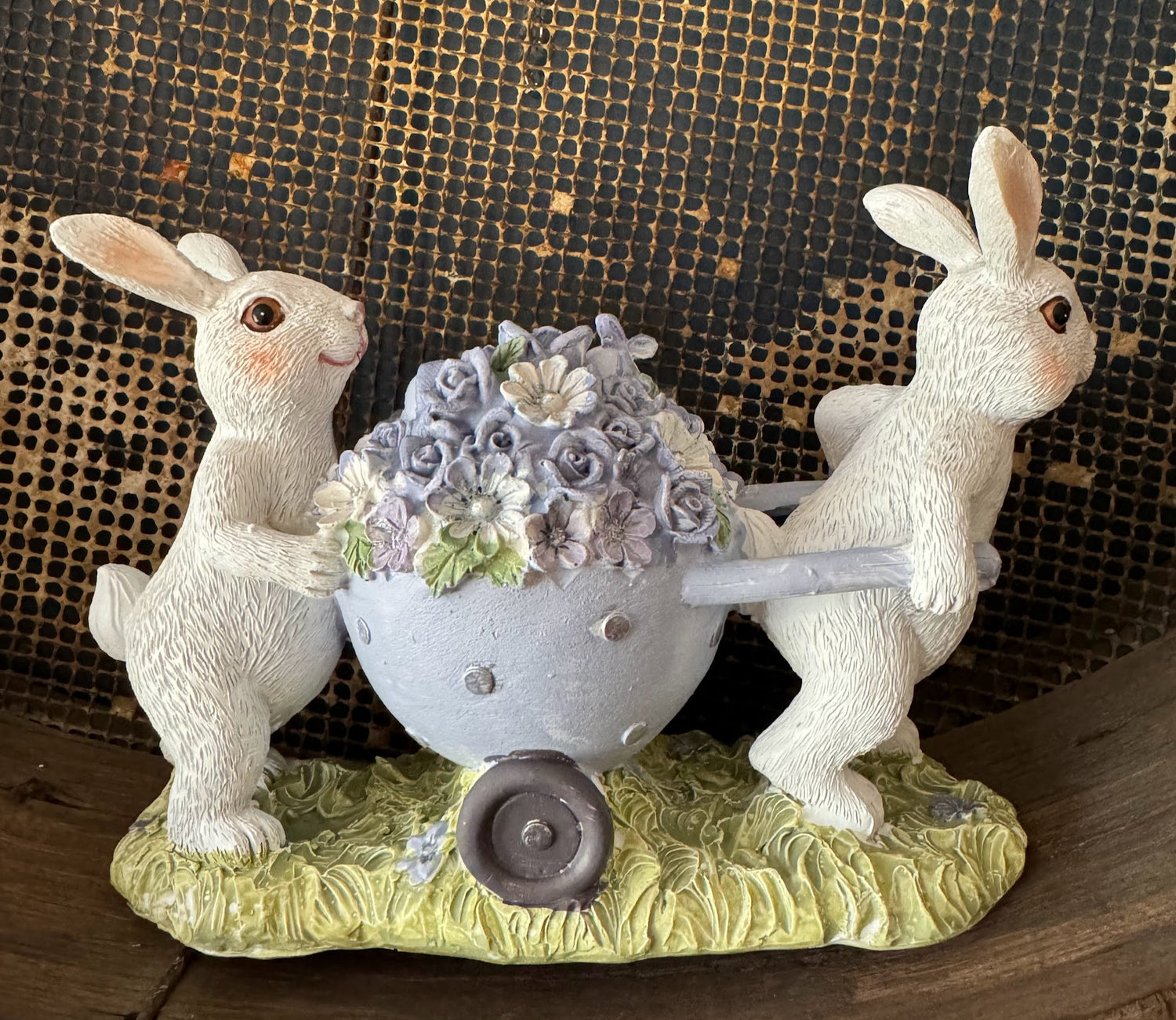 Farmhouse Spring Pastel Bunnies w/ Easter Egg Cart Figurine CLEARANCE