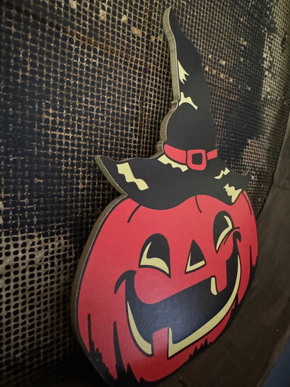 Handcrafted Halloween Retro Jack O Lantern Pumpkin with Witch Hat Wood Cutout 8&quot; - The Primitive Pineapple Collection