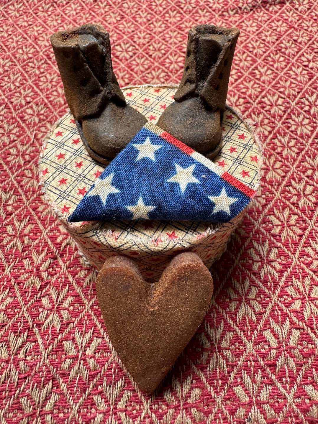 Primitive Handmade Mini Blackened Wax Soldier Memory Box w/ Flag - The Primitive Pineapple Collection