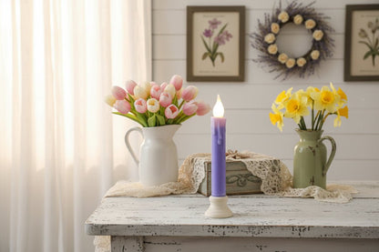 Spring Easter Handcrafted 7” Pastel Light Purple Led Timer Taper Candle - The Primitive Pineapple Collection