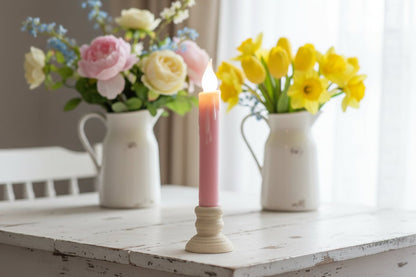 Spring Easter Handcrafted 7” Pastel Light Pink Led Timer Taper Candle - The Primitive Pineapple Collection
