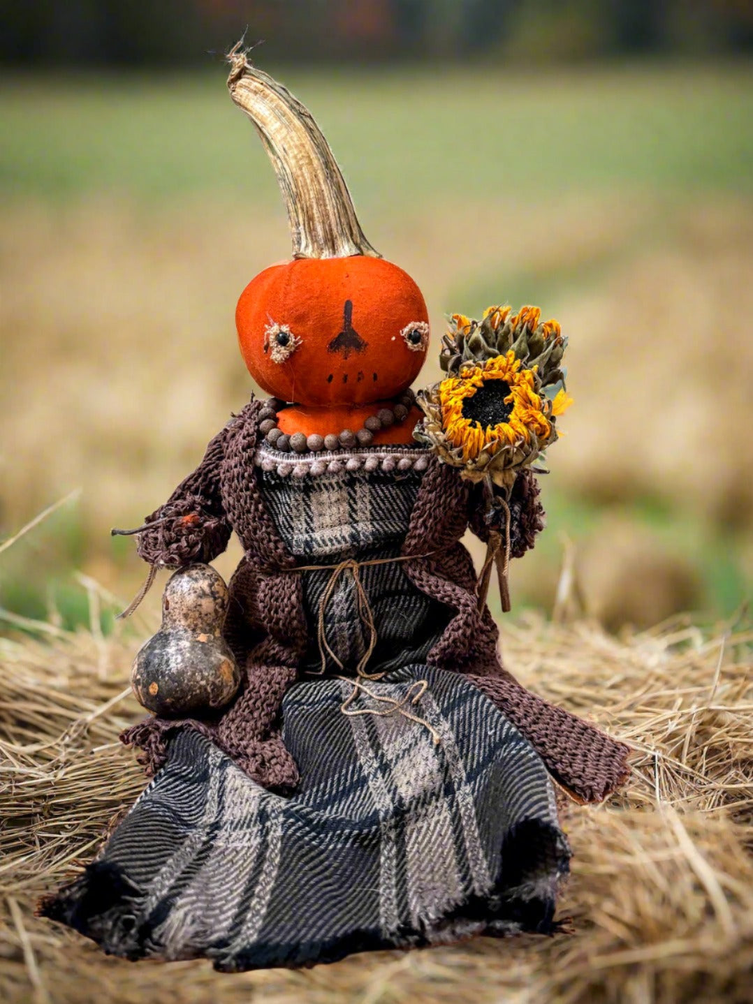 Primitive Handcrafted Pumpkin Doll Anna w/ Dried Sunflowers 12&quot;