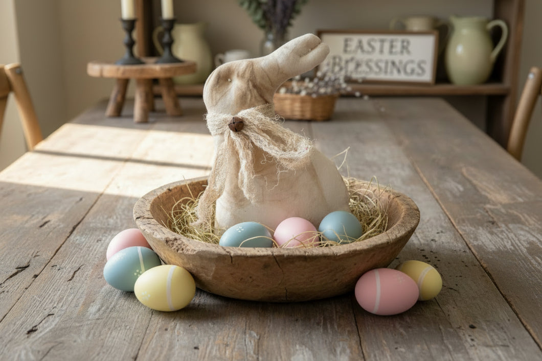 Primitive Spring Easter Handcrafted USA Tea Stain Bunny Stump Doll with Bell 8"