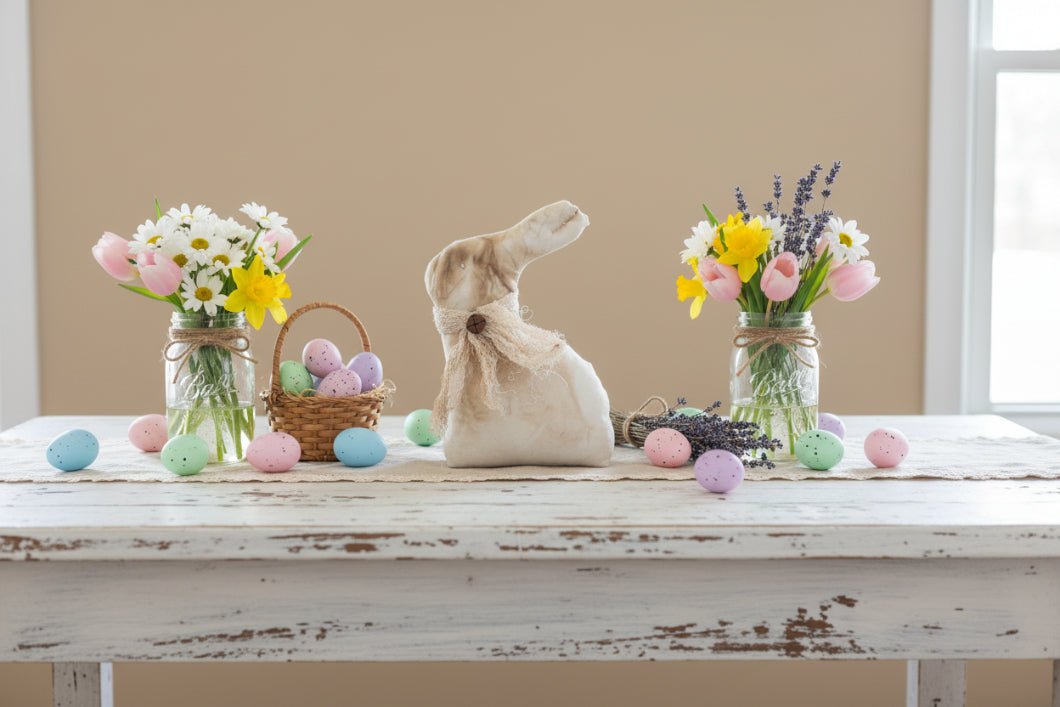 Primitive Spring Easter Handcrafted USA Tea Stain Bunny Stump Doll with Bell 8" - The Primitive Pineapple Collection