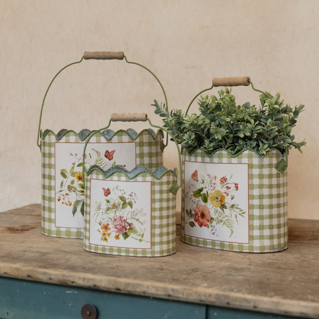 Primitive Ragon House Spring 3 pc Metal Gingham/Floral Scalloped Top Bucket Set - The Primitive Pineapple Collection