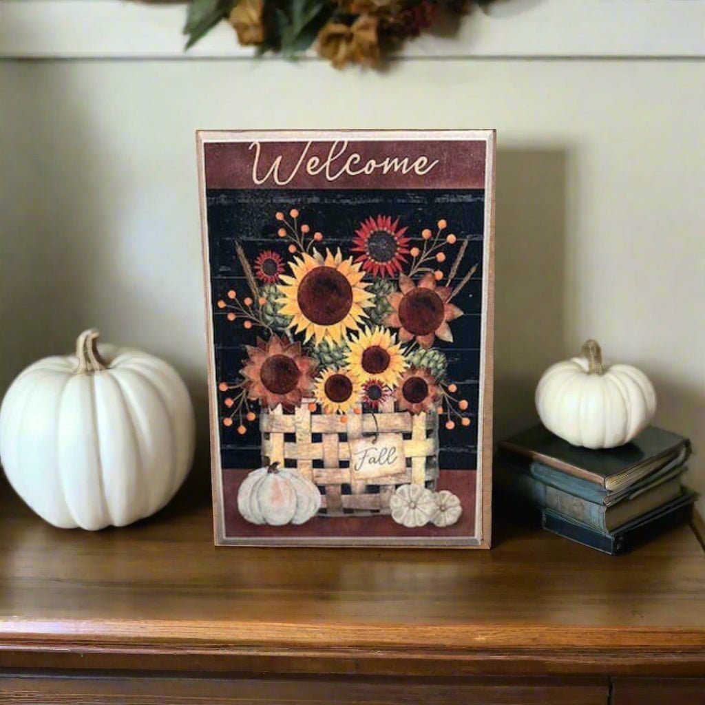 Primitive Handcrafted Welcome Fall Sunflower Basket Block - The Primitive Pineapple Collection