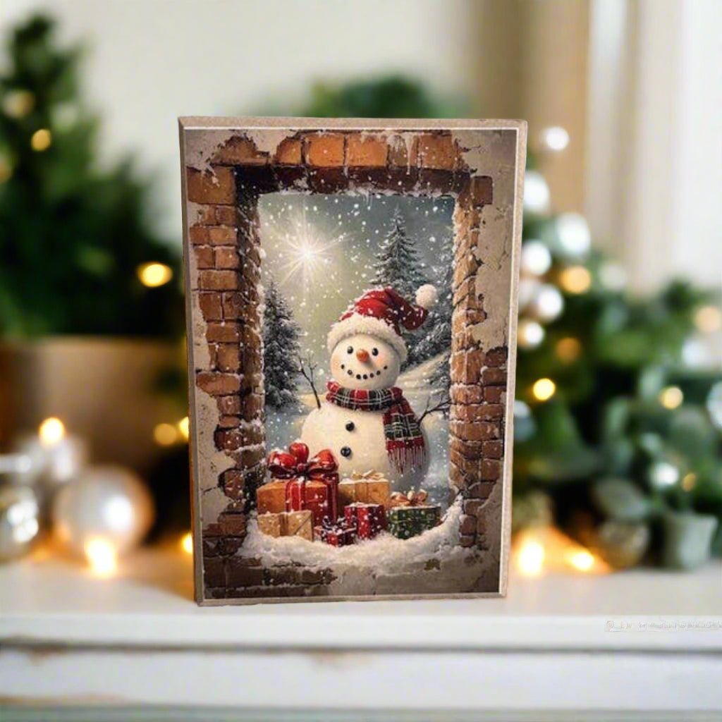 Primitive Handcrafted Christmas Brick Window Snowman Block Shelf Sitter - The Primitive Pineapple Collection