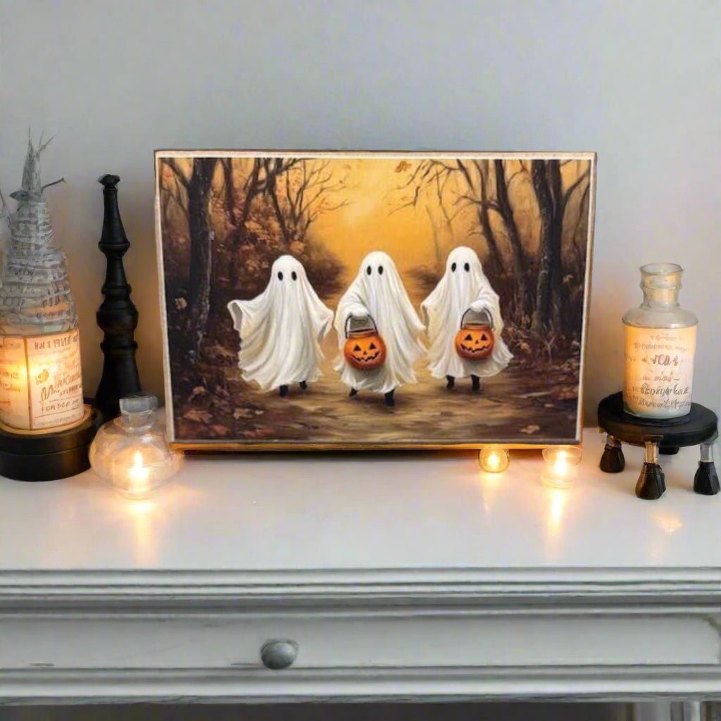 Primitive Halloween Handcrafted Three Ghosts Block Shelf Sitter - The Primitive Pineapple Collection