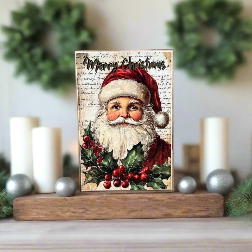 Primitive Farmhouse Handcrafted Christmas Merry Christmas Santa Block Shelf Sitter - The Primitive Pineapple Collection