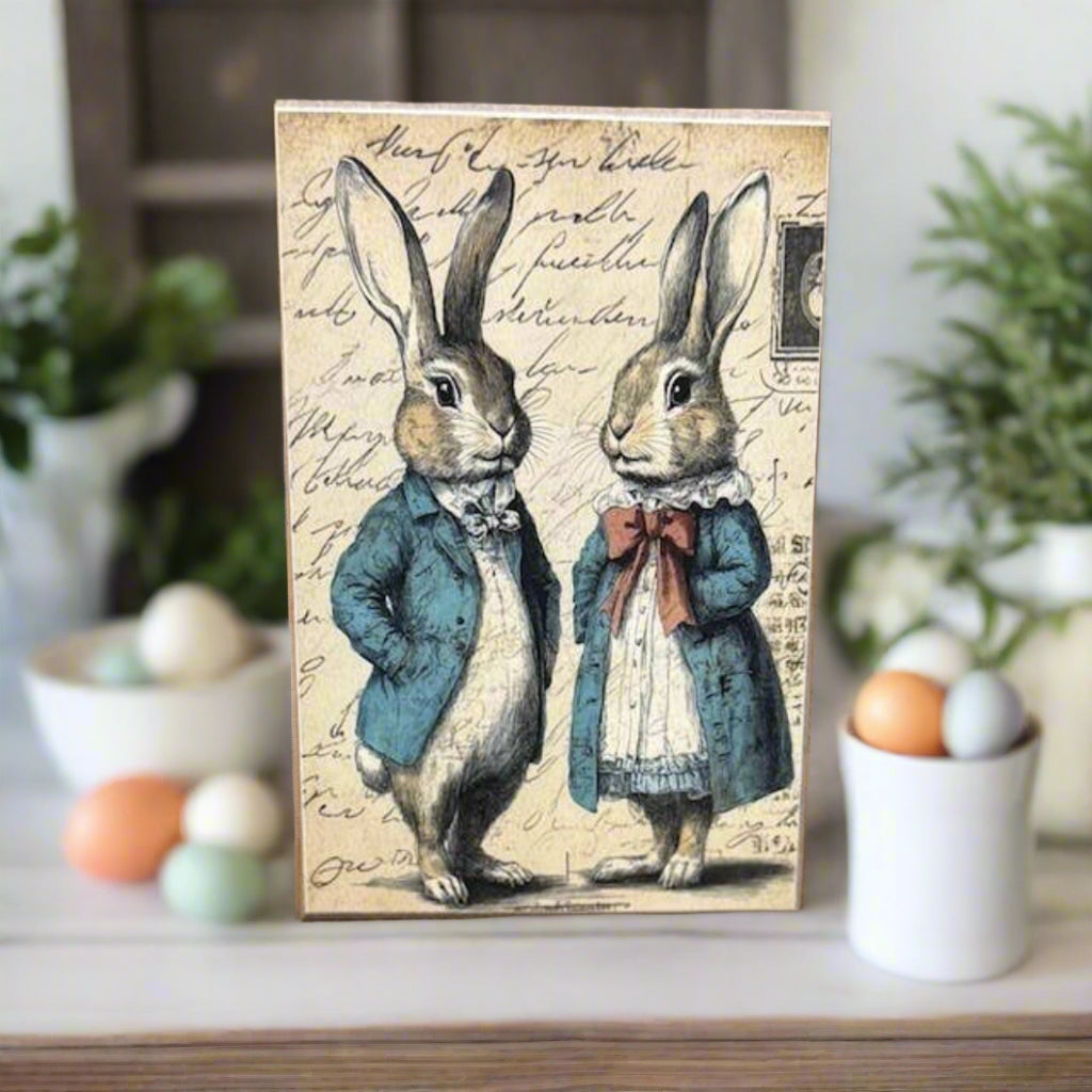 Primitive Farmhouse Vintage Bunny Postcard Block Shelf Sitter