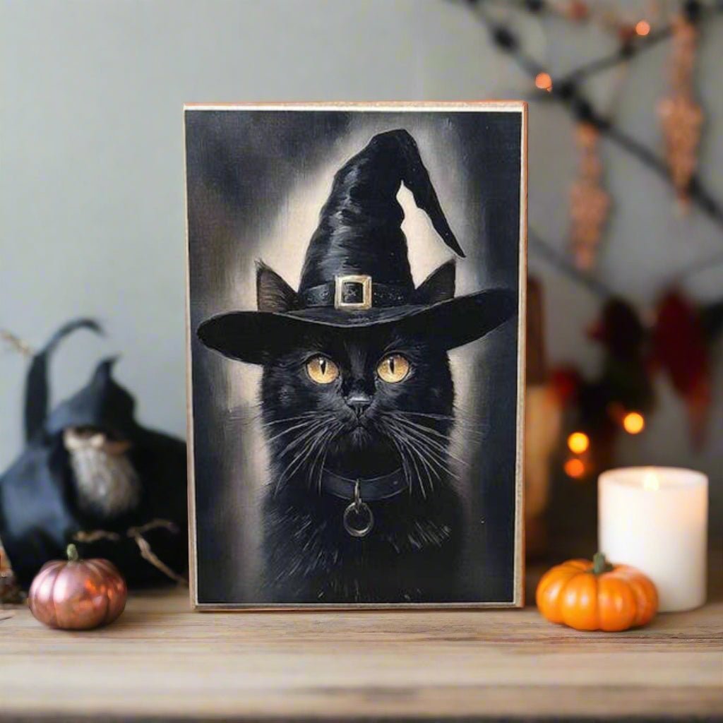 Primitive Halloween Handcrafted Simon the Black Cat Witch Block Shelf Sitter - The Primitive Pineapple Collection