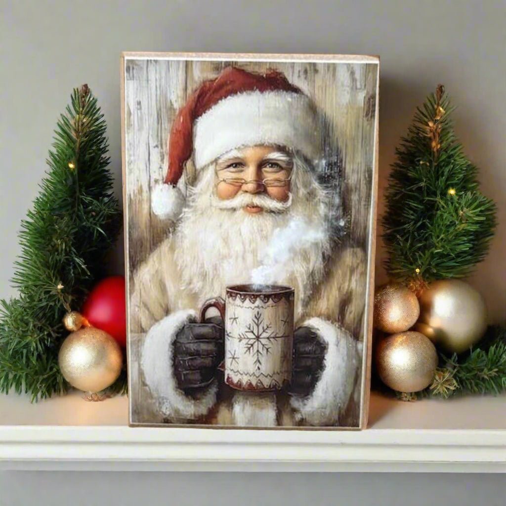 Primitive Farmhouse Handcrafted Christmas Santa Claus w/ Cocoa Block Shelf Sitter - The Primitive Pineapple Collection