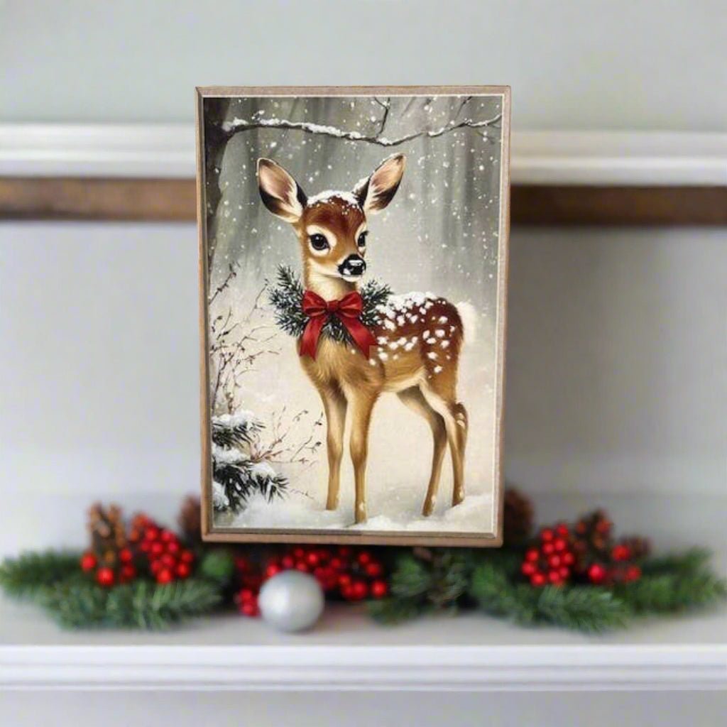 Primitive Farmhouse Handcrafted Christmas Reindeer w/ Bow Block Shelf Sitter - The Primitive Pineapple Collection