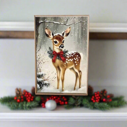 Primitive Farmhouse Handcrafted Christmas Reindeer w/ Bow Block Shelf Sitter - The Primitive Pineapple Collection