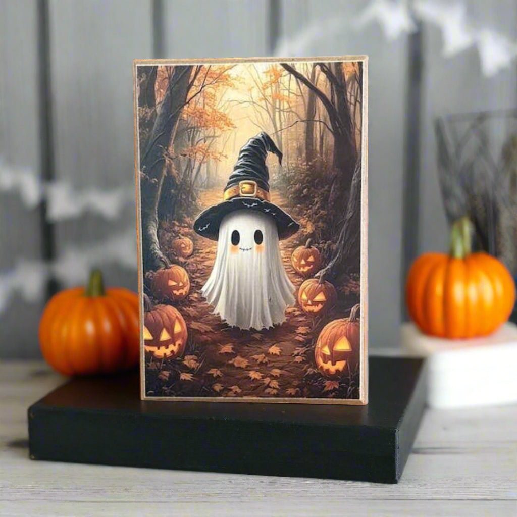 Primitive Halloween Handcrafted Happy Little Ghost Block Shelf Sitter
