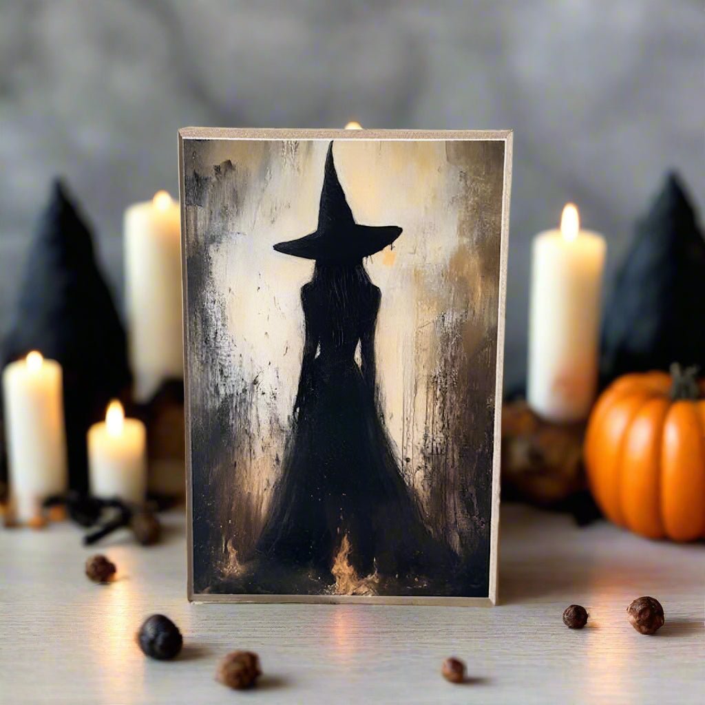 Primitive Halloween Handcrafted Witch of Flames Block Shelf Sitter