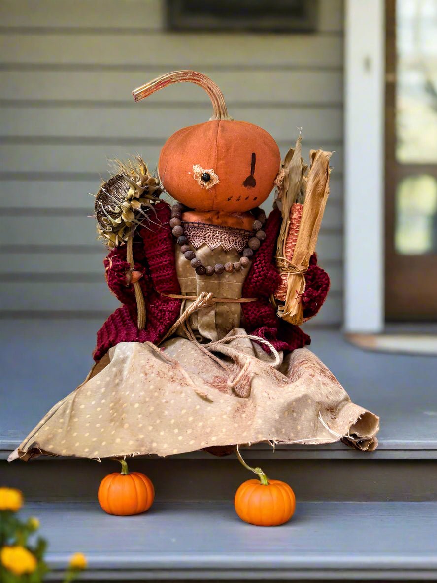 Primitive Handcrafted Pumpkin Doll Becky w/ Gourd 12&quot; - The Primitive Pineapple Collection