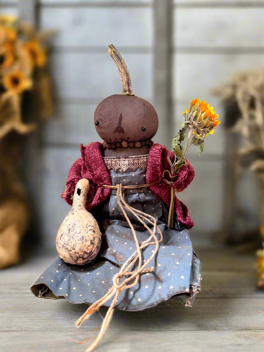 Primitive Handcrafted Pumpkin Doll Betty w/ Gourd and Sunflower 12&quot; - The Primitive Pineapple Collection