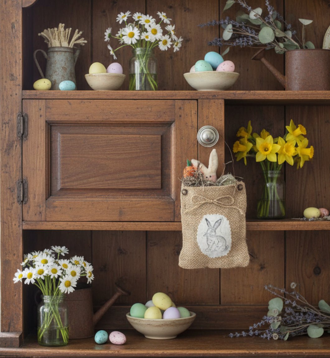 Primitive Handcrafted Spring Fabric Easter Bunny Bag w/ Carrot and Eggs - The Primitive Pineapple Collection